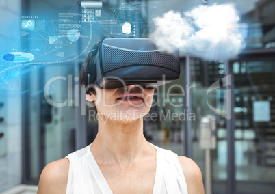 Woman wearing VR Virtual Reality Headset with Interface