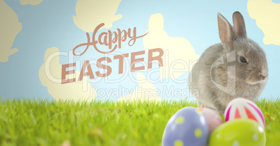 Happy Easter text with Easter rabbit with eggs in front of pattern