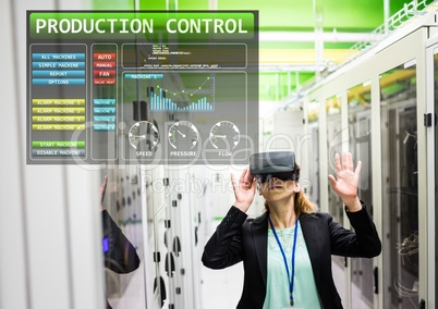 Woman wearing VR Virtual Reality Headset with Production Machine Control Interface