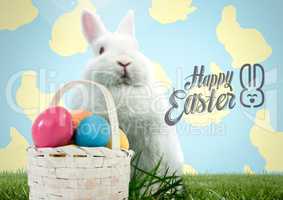 Happy Easter text with Easter rabbit with basket in front of pattern