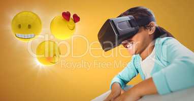 Girl in VR with emojis and flares against yellow background