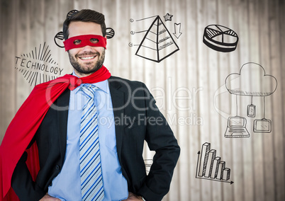 Business man superhero with hands on hips against blurry wood panel with business doodles
