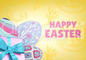 Pink type and pink gift and purple eggs against yellow easter pattern