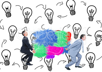 Two mans carrying the color brain with backgrouns of graphic about have an idea