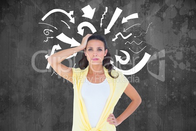 Digitally generated image of confused woman with arrows against black background