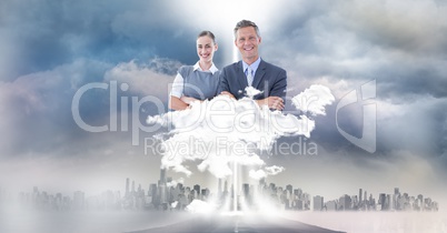 Digitally generated image of business people over city in sky
