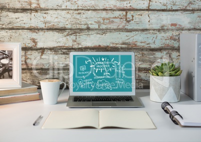 Laptop on desk with sketchbook showing white design doodles against teal background