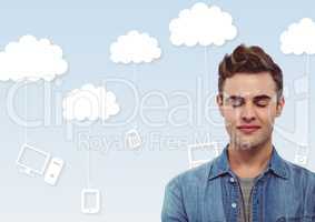 Man with eyes closed in front of clouds with devices