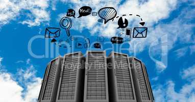 Digital composite image of servers with icons in  sky