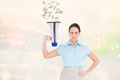 Digitally generated image of woman holding megaphone emitting currency