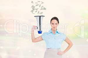 Digitally generated image of woman holding megaphone emitting currency