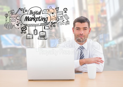Man with laptop and Digital Marketing text with drawings graphics