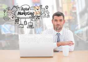 Man with laptop and Digital Marketing text with drawings graphics