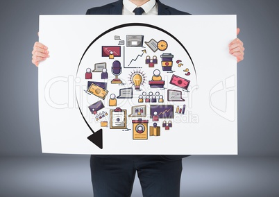 Businessman holding card with ideas  business graphics drawings