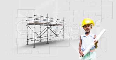 Girl with builder hat and blueprint beside 3D scaffolding