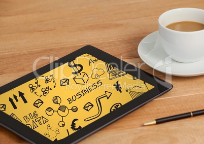 Tablet on table with coffee showing black business doodles and yellow background