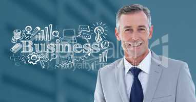 Businessman with Business text with drawings graphics