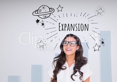 Happy woman with glasses and Expansion text with drawings graphics
