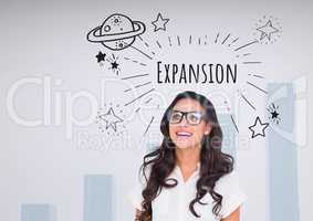 Happy woman with glasses and Expansion text with drawings graphics