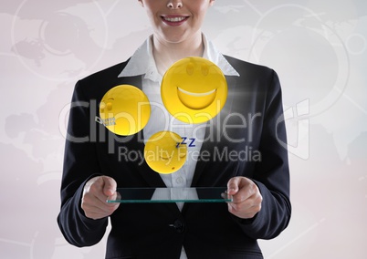 Business woman with glass device and emojis with flare against white interface