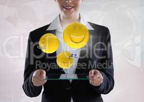 Business woman with glass device and emojis with flare against white interface