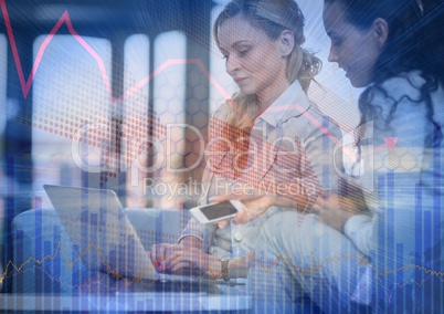 Business women with phone and laptop behind blue arrow and chart graphic overlay