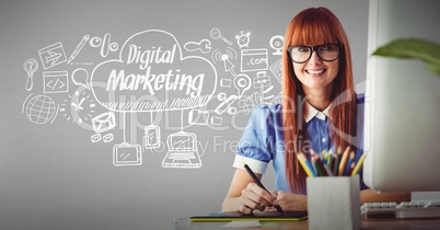 Businesswoman smiling with icons surrounding Digital marketing text in cloud