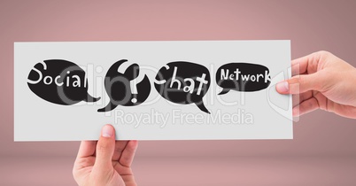 Hands holding card with social media chat networking speech bubbles drawings