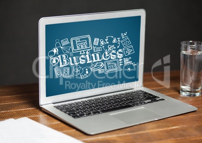 Laptop showing white business doodles against blue background