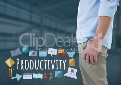 Man standing with Productivity text with drawings graphics