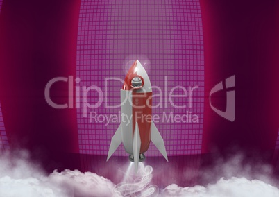 3D Rocket flying in front of modern neon lights