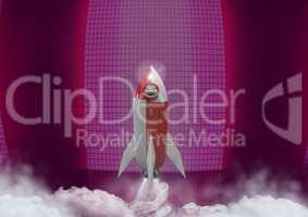 3D Rocket flying in front of modern neon lights