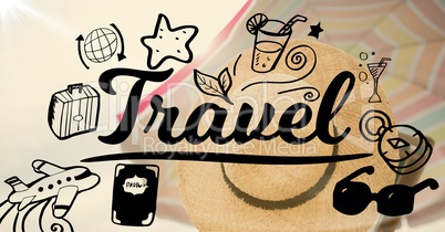 Travel graphic with hat and beach umbrella background