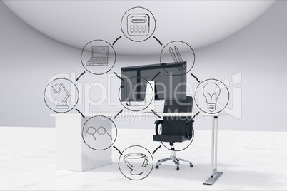 Digital composite image of various icons and computer in office