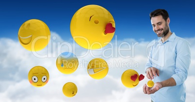 Digital composite image of man with various emojis on clouds