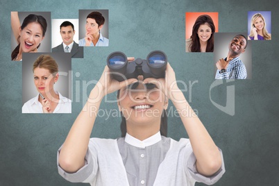 Digital composite image of HR looking at candidates through binoculars