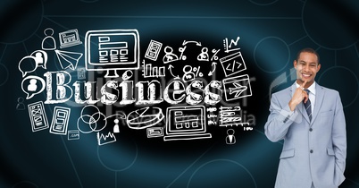 Businessman standing by business text and icons