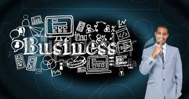 Businessman standing by business text and icons