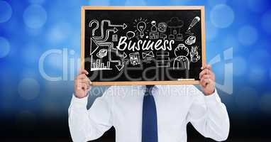 Businessman holding slate with business text and icons
