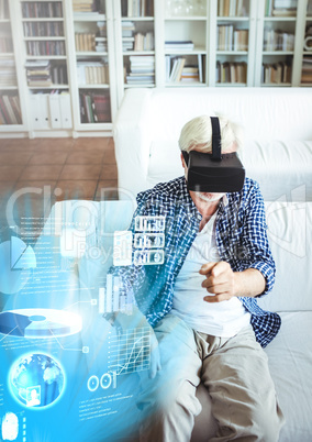 Old Man wearing VR Virtual Reality Headset with Interface