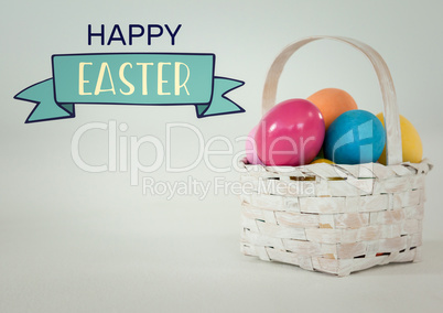 Easter banner and basket with eggs against white background