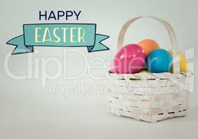 Easter banner and basket with eggs against white background