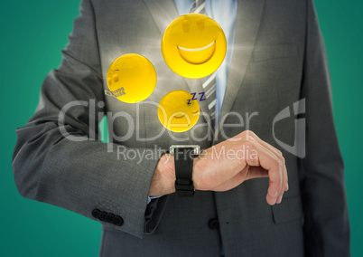 Business man mid section with watch and emojis with flares against teal background
