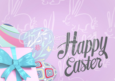 Grey type and pink gift and purple eggs against purple easter pattern