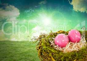 Easter eggs in nest in front of Magical sky