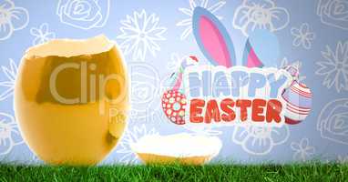 Happy Easter text with Cracked Easter egg in front of pattern