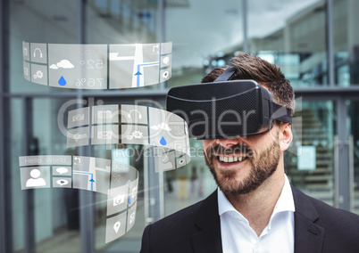 Man wearing VR Virtual Reality Headset with Interface