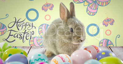 Happy Easter text with Easter rabbit with eggs in front of pattern