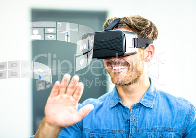 Man wearing VR Virtual Reality Headset with Interface