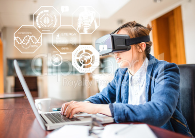 Woman wearing VR Virtual Reality Headset with Health fitness Interface